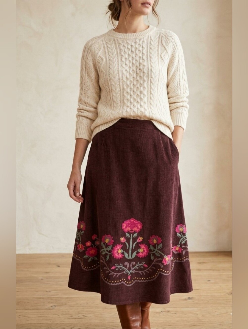 Vintage Y2K Coldwater Creek Folk Brown Floral Corduroy Midi Skirt Size L